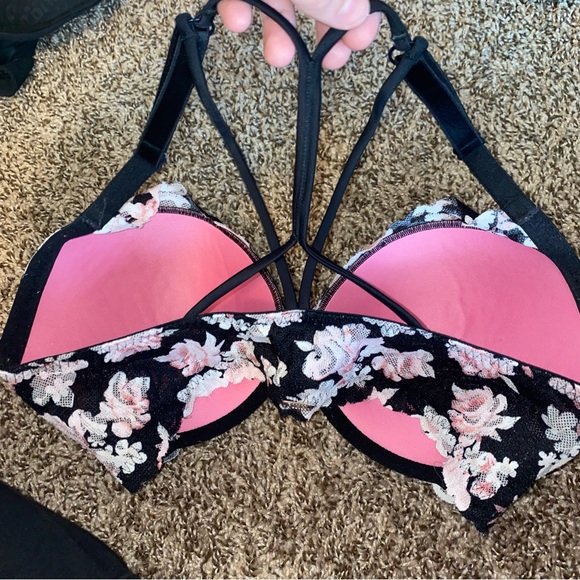 Victoria’s Secret PINK Black & Pink Lacy Front Clasp Push Up Bra 34DD - Picture 4 of 6